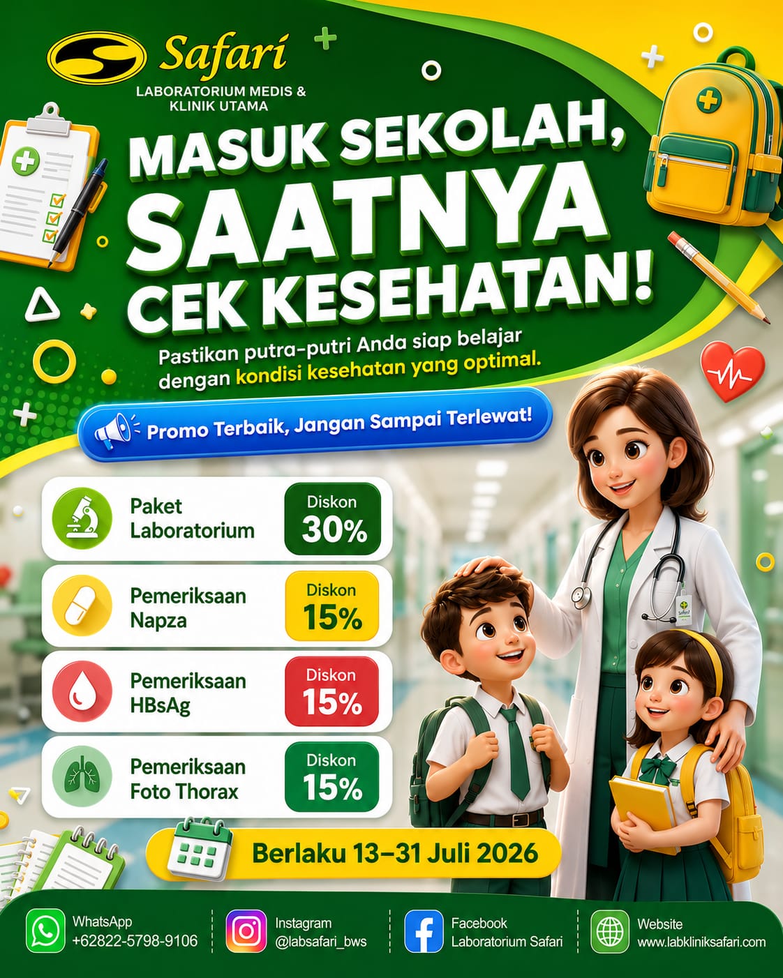 Promo Masuk Sekolah β cek kesehatan anak sekolah di Lab Safari, berlaku 13-31 Juli 2026